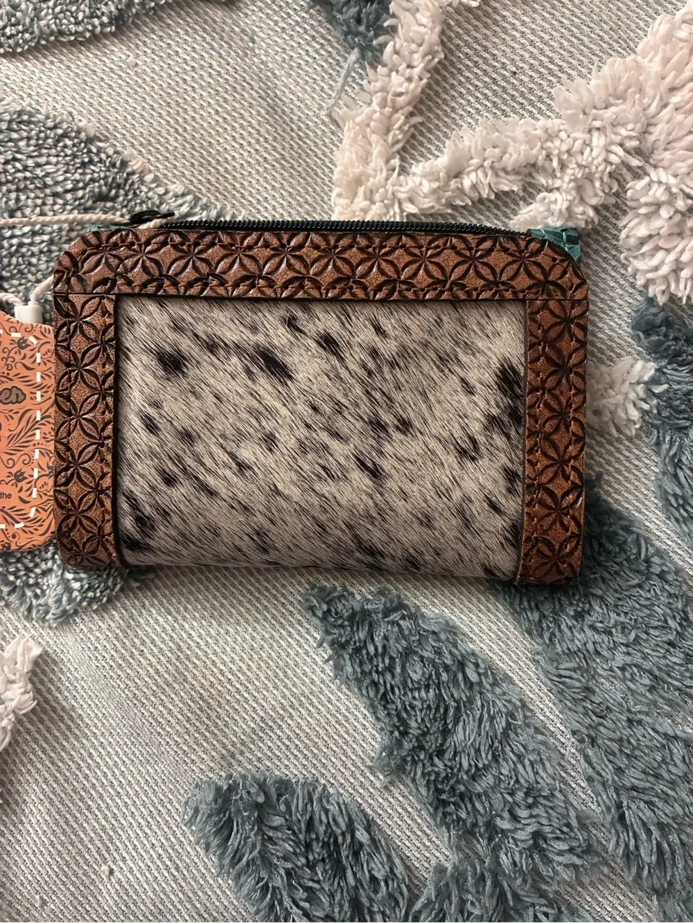 Genuine Leather Cowhide Zip Wallet in White & Brown